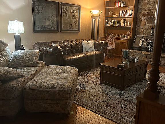 Living area/ stone fireplace