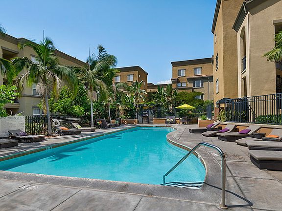 Outdoor swimming pool with sundeck and lounge seating surrounded by palm trees.