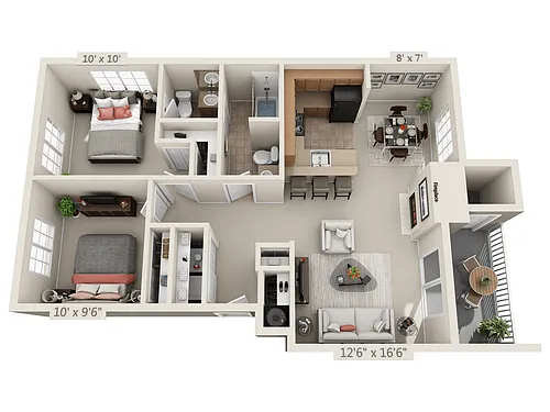 Floor plan 2 Bed, 1.5 Bath (80% Income Restricted)