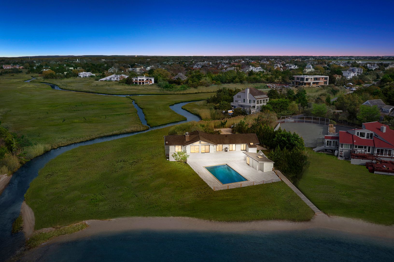  Twilight Aerial View of the Back of the Home