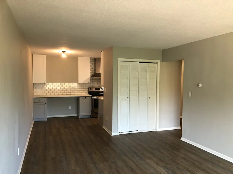 Living room looking at kitchen and dining area