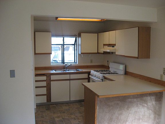 Kitchen with bay window.