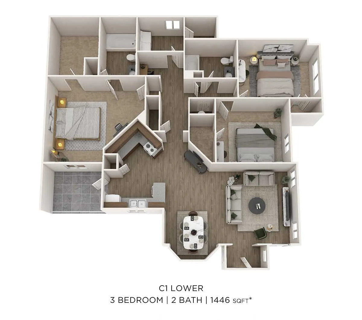 Floor plan Three Bedroom 2 Bath- Lower