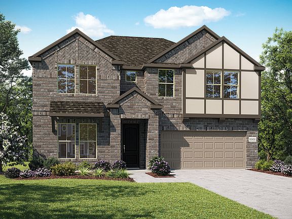 Elevation C is a two story tudor inspired home design featuring herringbone brick details and decora