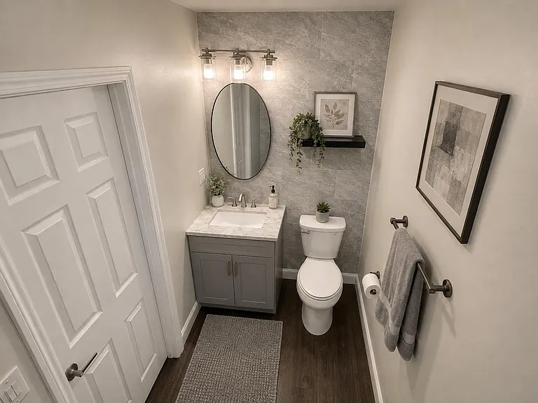 Updated half bath with a marble-look vanity top, round mirror, accent tile wall, and convenient towel storage.