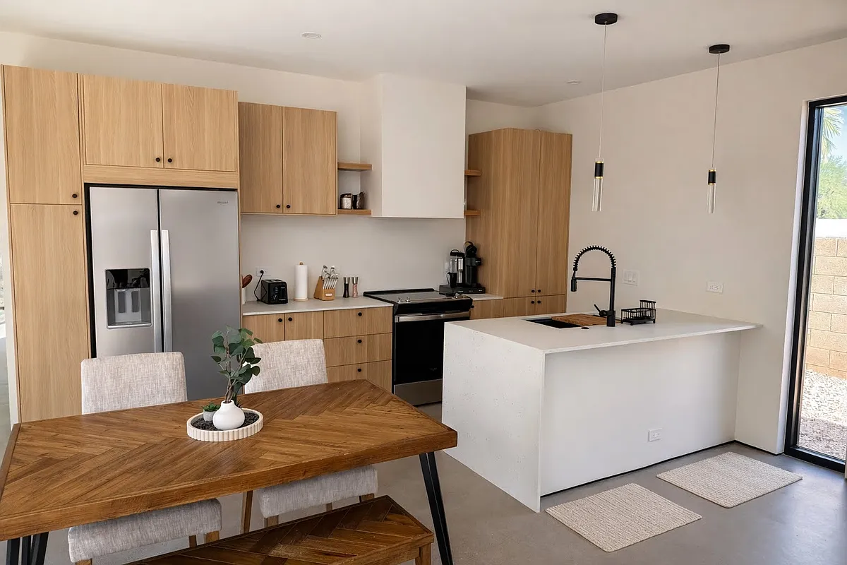 Photo 2 of 10 - 6002 E Charter Oak Rd #2 - Scottsdale, AZ Open-concept kitchen with a waterfall island, modern appliances, and a cozy dining area_perfect for entertaining. - 6002 E Charter Oak Rd #2