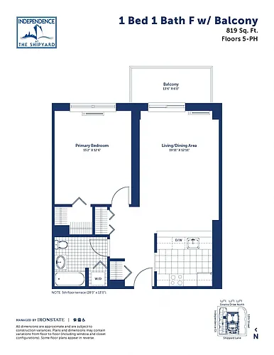 Floor plan 1 Bed 1 Bath F With Balcony