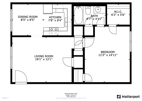 Floor plan 1Bed - 1Bath