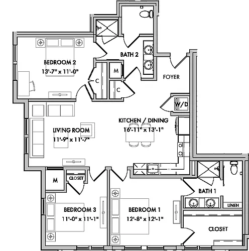 Floor plan Mansions 1 3 Bed/2 Bath-C1