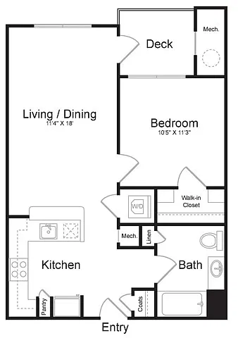 Floor plan One Bedroom One Bath (655 SF)