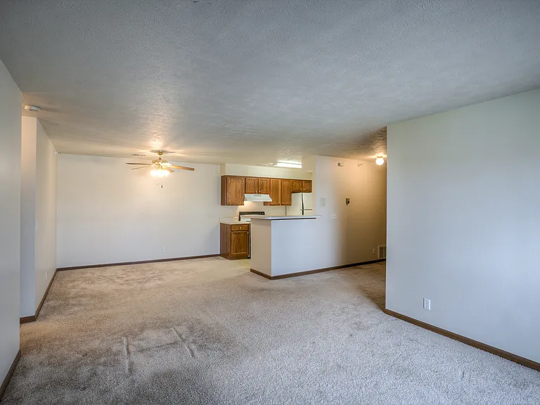 Livingroom, dinning room area and kitchen entrance in a unit.