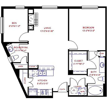 Floor plan Traditional 1x1.5 927-1020 SF