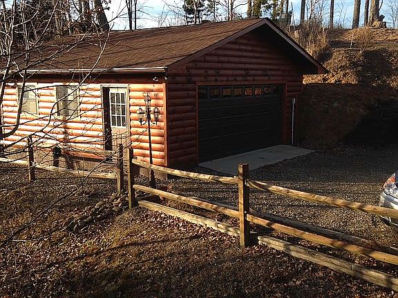 View of garage from deck