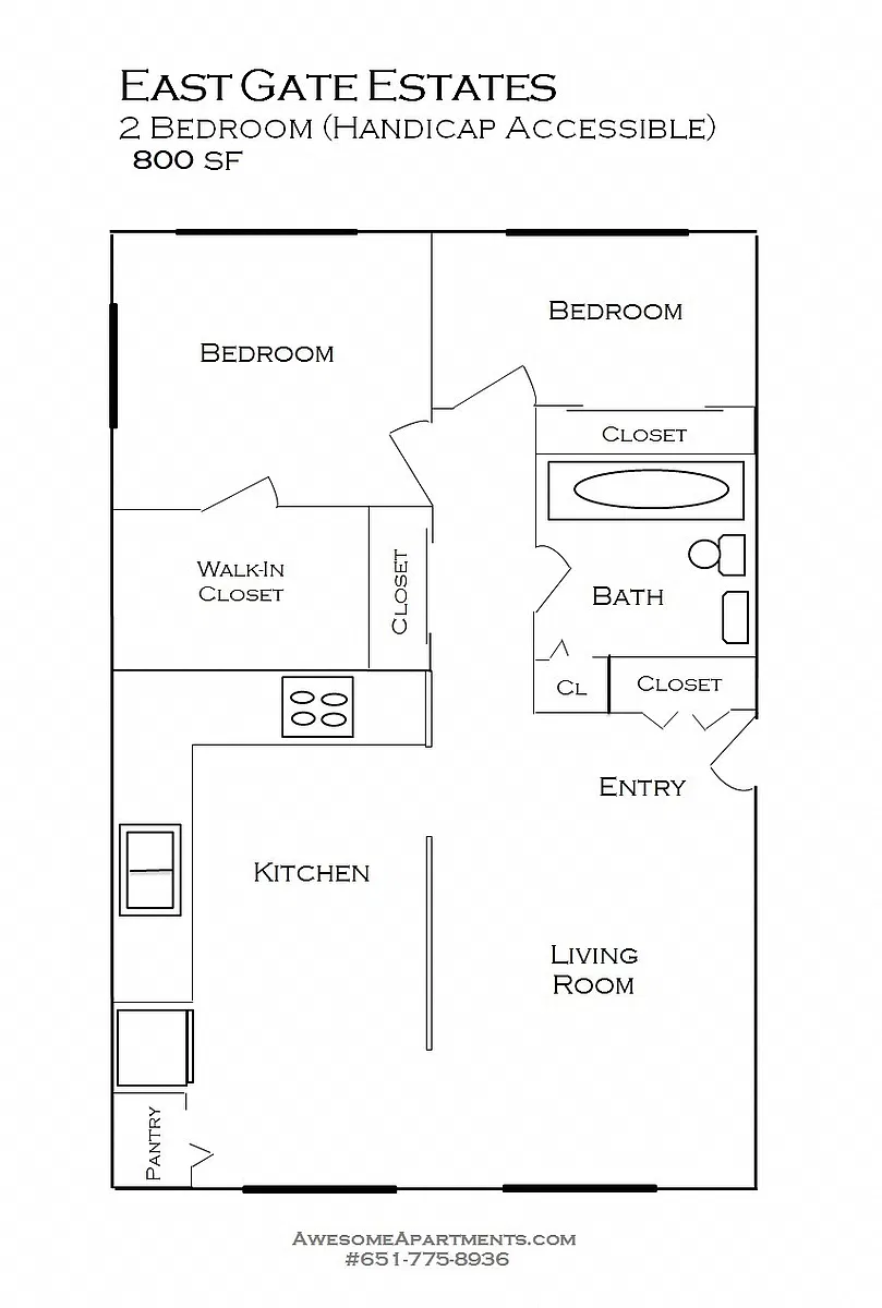 Floor plan 2 Bedroom 1 Bath (sm)