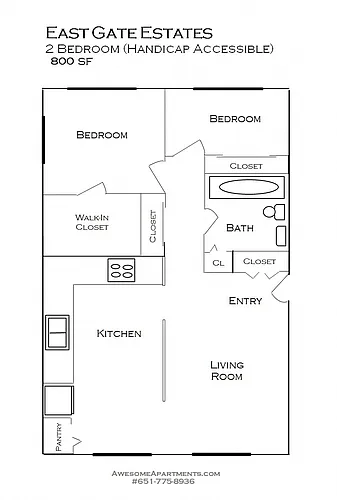 Floor plan 2 Bedroom 1 Bath (sm)