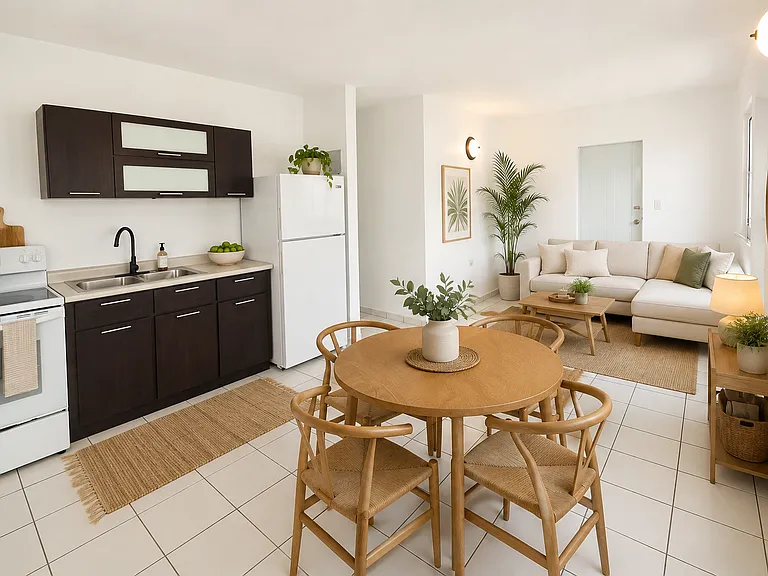 A digitally staged view of the kitchen, dining and living areas. This area has two exit doors. You could use one or have smaller furniture and use both. As the king/queen of your castle, you reign and can choose!