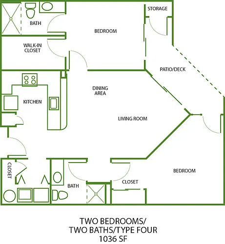 Floor plan 2x2 Bluff - 1036 SF