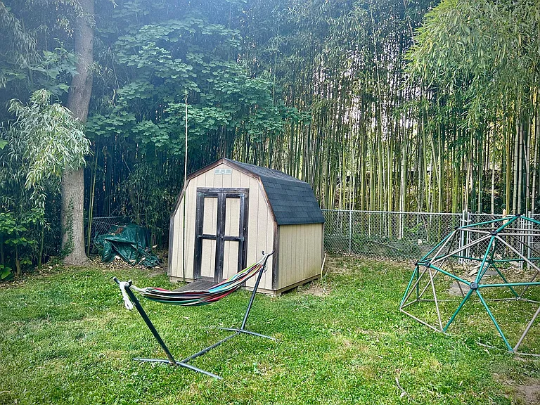 Fully fenced backyard with a kid's play dome, a storage shed, and 3 raised-bed herb/veggie gardens. Backyard. Outside the fence is a small hill with a dense bamboo forest, offering natural protection for the peace and quiet of the house.