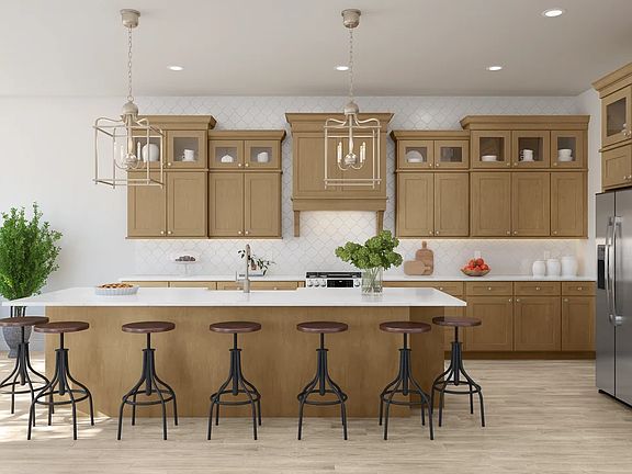 Kitchen with wood-stained upper glass cabinetry