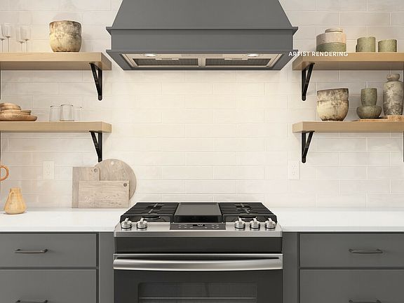 Floating shelves and white backsplash in kitchen
