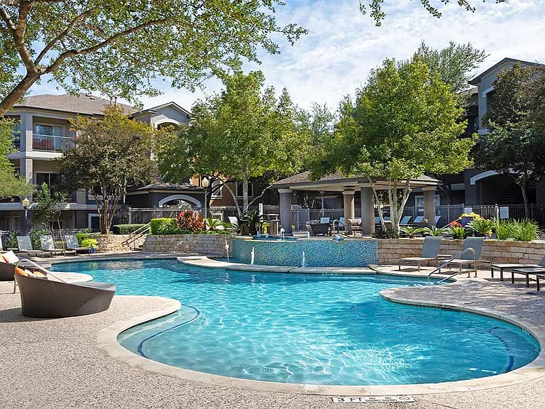 Apartment community resort style pool at Griffis Lakeline in Austin, Texas.