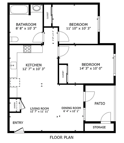 Floor plan 2 BR, 1 BA