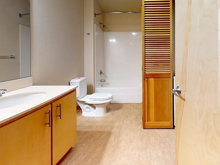 Apartment bathroom with wood-style flooring.