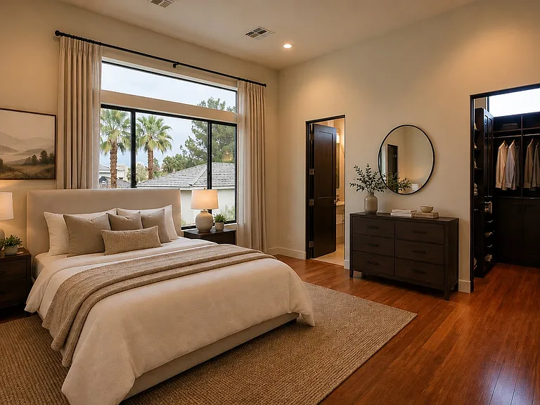 Spacious bedroom featuring a walk-in closet, ensuite bath, and abundant natural light.