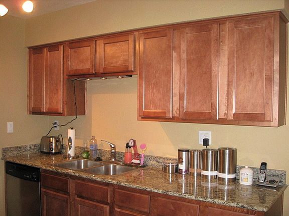 Kitchen Cabinets and sink, with granite countertops.