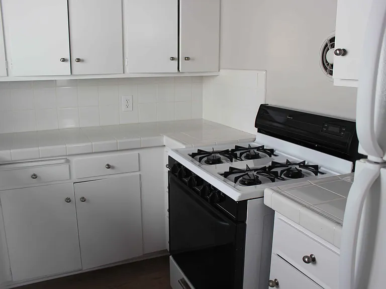 Kitchen, showing full-sized refrigerator and gas range.