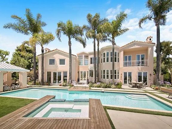 Resort style swimming pool aligned with palm trees.