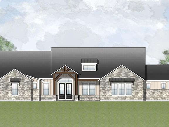 custom stone, board and batten home with side-entry garage