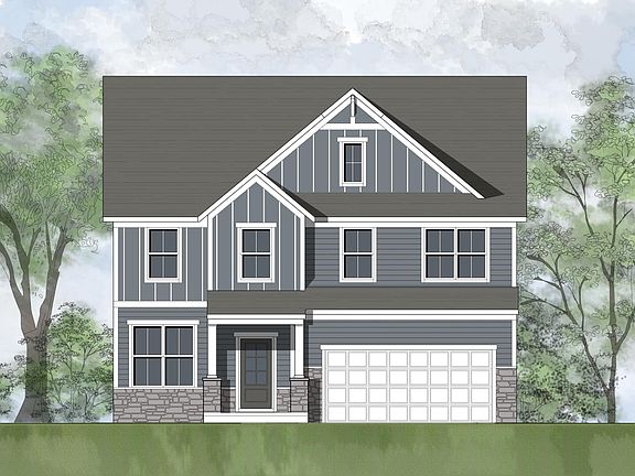 stone, siding and board and batten house