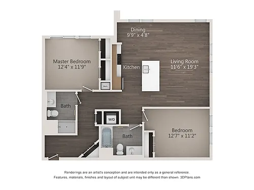 Floor plan Two Bedroom Two Bathroom (1141 SF)