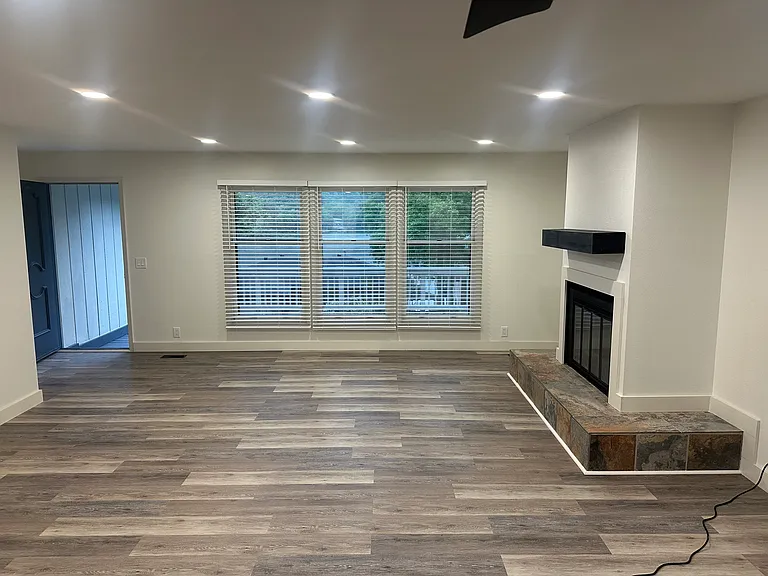 living room fireplace and view of Lake Desoto