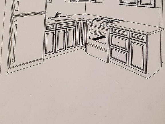 Plan for the new kitchen which will include new cabinetry, countertops, as well as a microwave, stove and refrigerator.