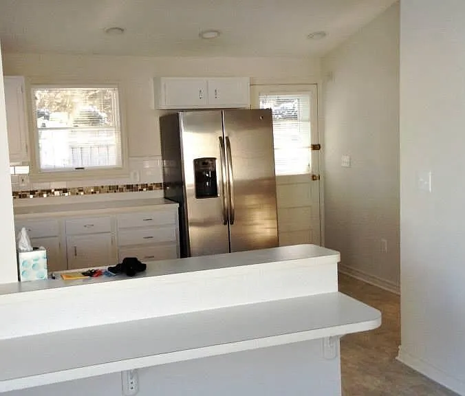 View of kitchen from dining area.