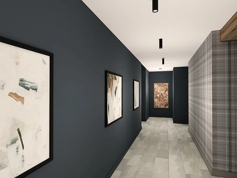 Artful hallways at Modera Bridle Trails bring character to everyday moments with curated design and warm, welcoming details.