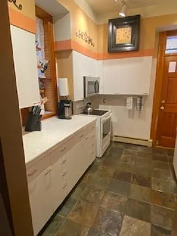 Kitchen area with electric range and mircowave