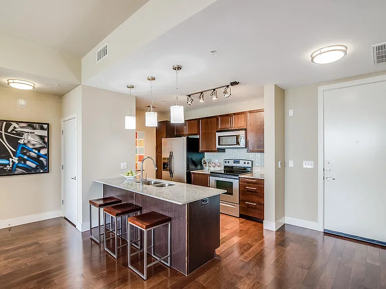 Stainless steel appliances and kitchen islands