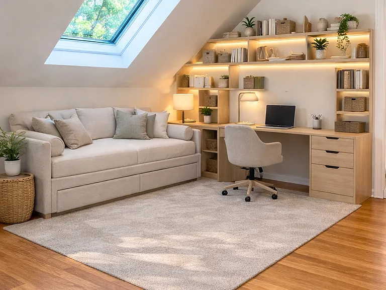 Office den with skylight virtually staged.