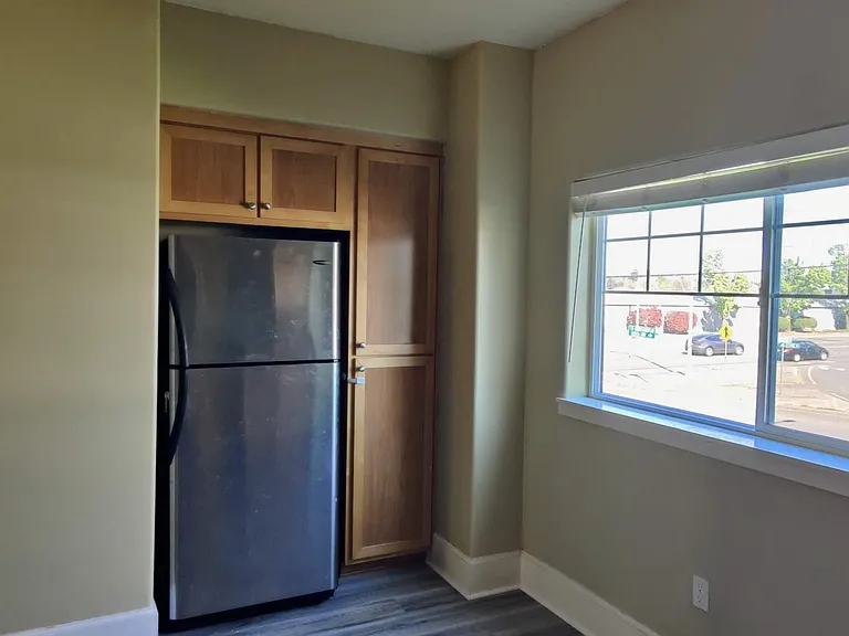 Kitchen - fridge, pantry, and huge window facing East.