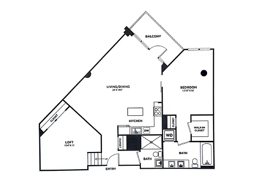 Floor plan One Bedroom Two Bath w/Loft (1200 SF)