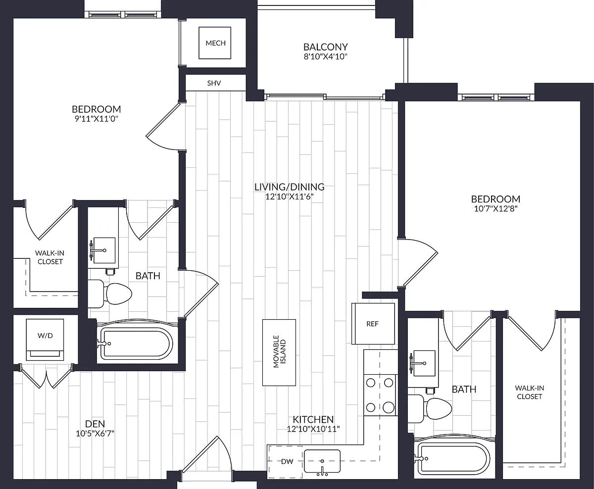 Floor plan 2 Bed/2 Bath Den-B2-3
