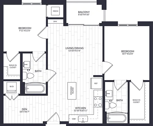 Floor plan 2 Bed/2 Bath Den-B2-3