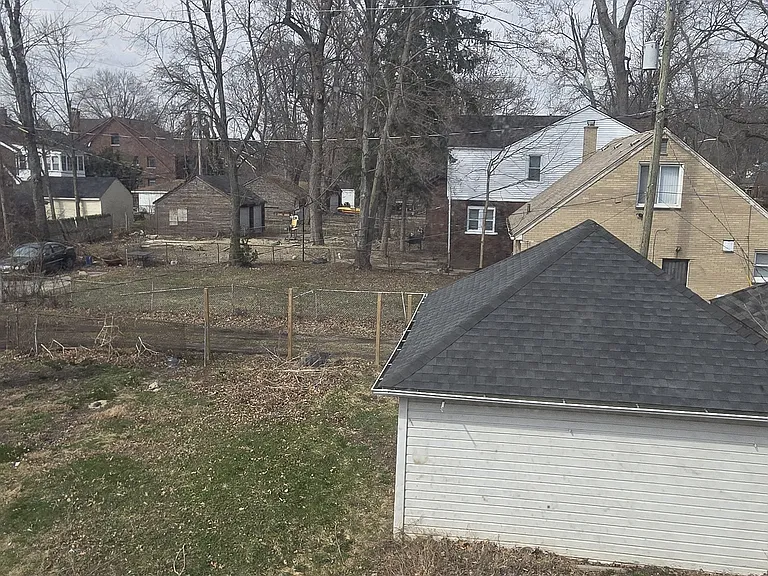 View of backyard and garage