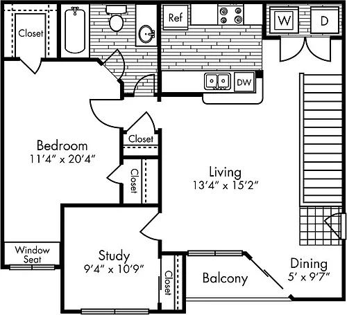 Floor plan Large One Bed, One Bath