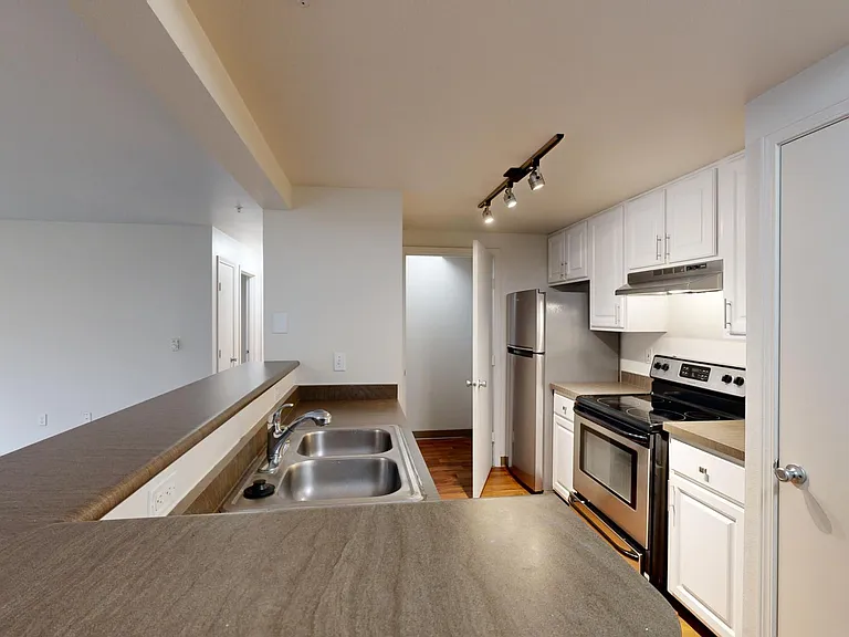 Apartment kitchen with stainless steel appliances and wood-style flooring.