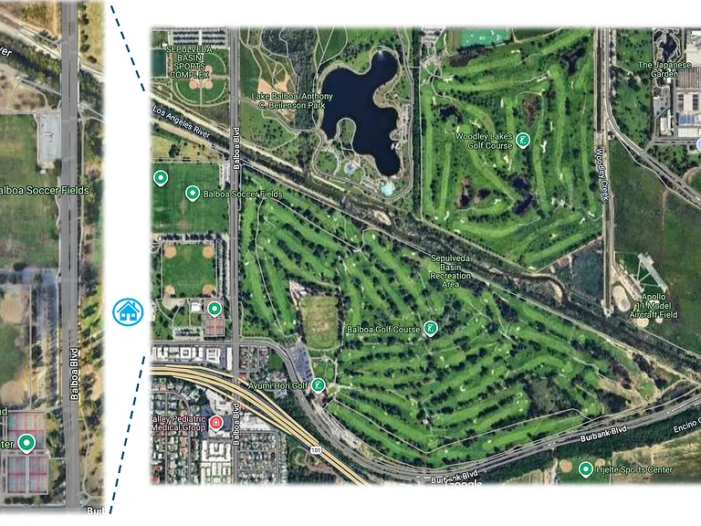 Extended nearby backyard is the Balboa Sports Center and Sepulveda Basin Recreation Area. Special entrance to the area just down the street from the home.