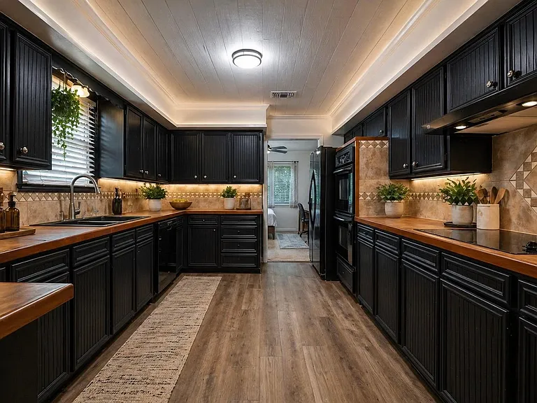 Galley kitchen with extensive cabinetry, tile backsplash, long counters, and full appliance suite for efficient meal prep.